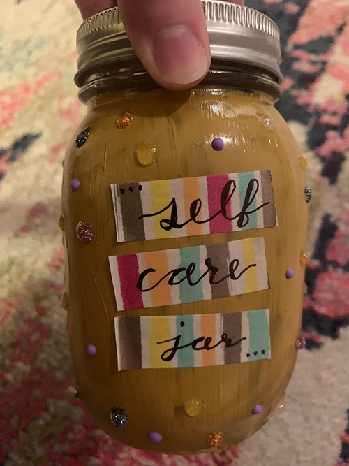 At our recent Good Shepherd Volunteers midyear retreat, each volunteer created a self-care jar. We each wrote self-care ideas on popsicle sticks to fill the jar.