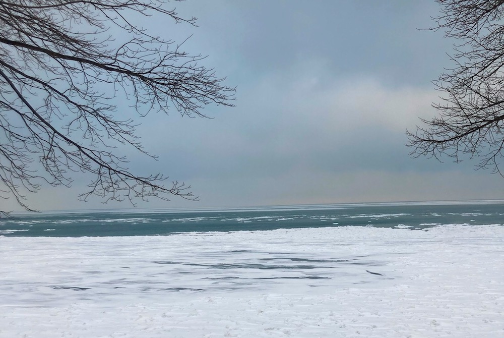 Shoreline of Lake Erie, with sky and snow and bare trees