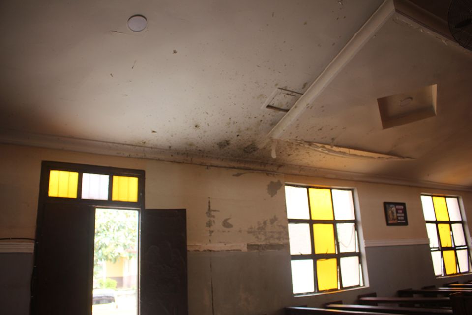 Bloodstains from the June 5 mass shooting still dot the ceilings of St. Francis Xavier Catholic Church in Owo, Ondo, Nigeria. (GSR photo/Valentine Iwenwanne)