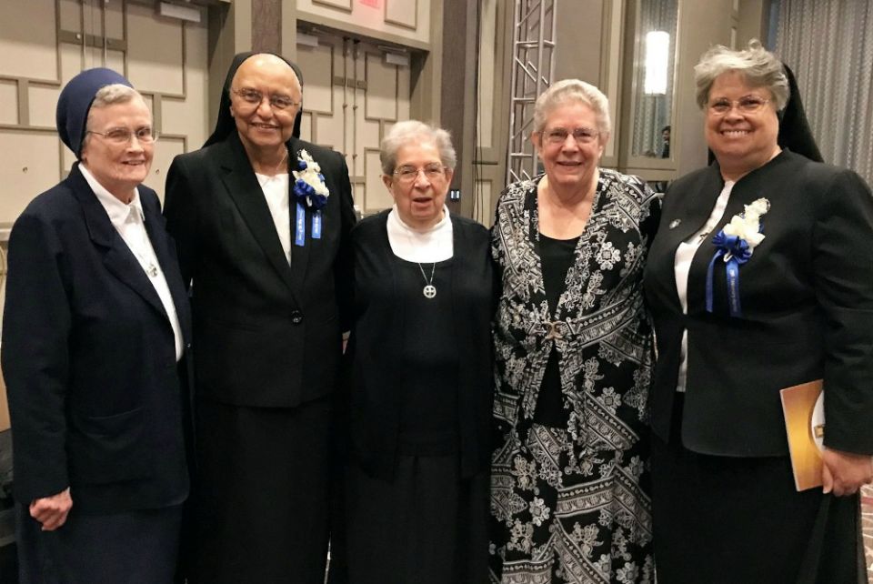 From left: Charity Sr. Miriam Richard Soisson, Holy Family Sr. Sylvia Thibodeaux, Charity Sr. Louise Grundish, Charity Sr. Vivien Linkhauer and Holy Family Sr. Alicia Costa celebrate the 175th anniversary of the founding of the Sisters of the Holy Family From left: Charity Sr. Miriam Richard Soisson, Holy Family Sr. Sylvia Thibodeaux, Charity Sr. Louise Grundish, Charity Sr. Vivien Linkhauer and Holy Family Sr. Alicia Costa celebrate the 175th anniversary of the founding of the Sisters of the Holy Family