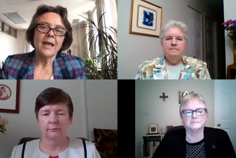 In a screenshot, the 2019-2020 leadership team presents three initiatives to the Leadership Conference of Women Religious during its 2020 assembly, and discusses the practical implications of membership in religious life. (GSR photo) In a screenshot, the 2019-2020 leadership team presents three initiatives to the Leadership Conference of Women Religious during its 2020 assembly, and discusses the practical implications of membership in religious life. (GSR photo)
