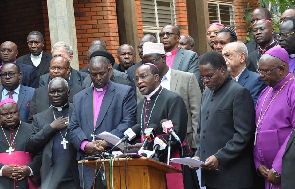 Archbishop Martin Kivuva Musonde of Mombasa, Kenya, reads a statement of religious leaders following a dispute over the presidential election results, during a news conference in Nairobi Aug. 17. (CNS/Fredrick Nzwili)