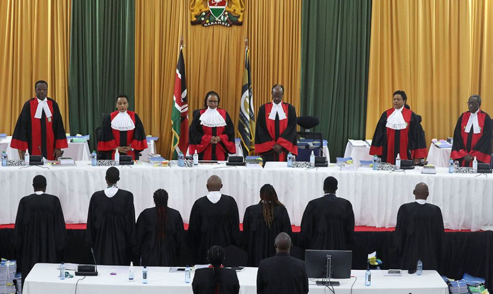 Judges of the Kenyan Supreme Court enter the courtroom Aug. 31, before a hearing over a petition seeking to invalidate the outcome of the Aug. 9 presidential election in Nairobi. (CNS/Reuters/Baz Ratner)