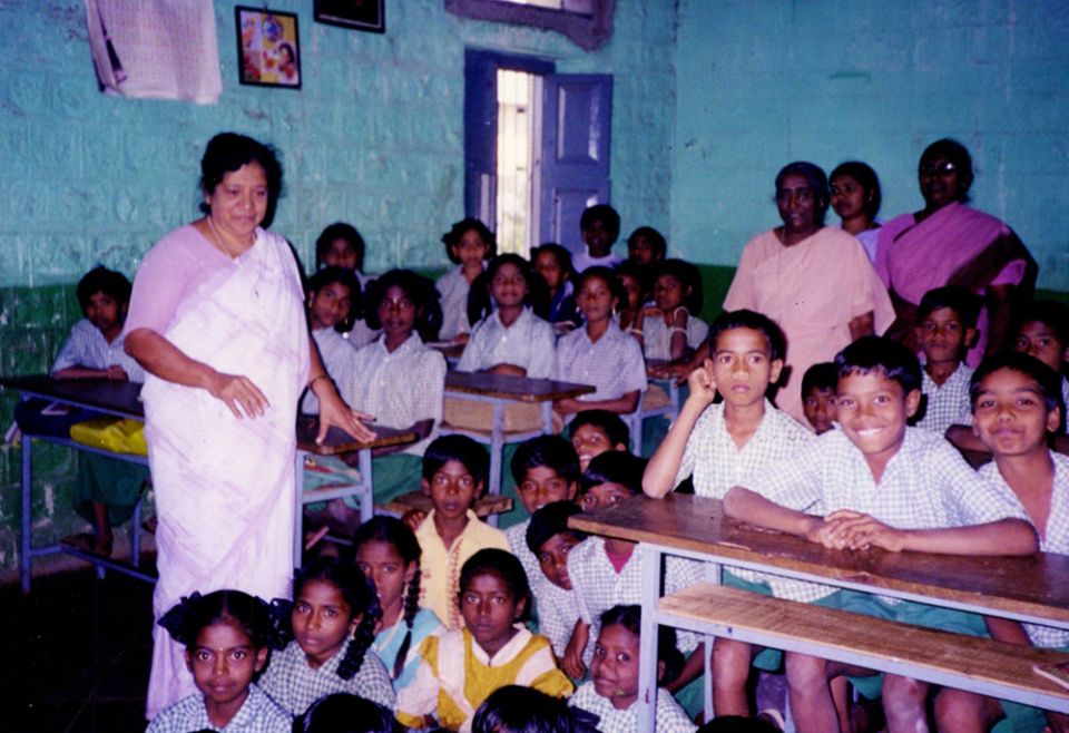 Sr. Lilly Chunkapura addresses children of a government school in Kolar Gold Fields, where she founded Treatment, Rehabilitation and Education of Drug Abuse, or TREDA, in 1990 to cater to drug users from Bengaluru. (Courtesy of Lilly Chunkapura)