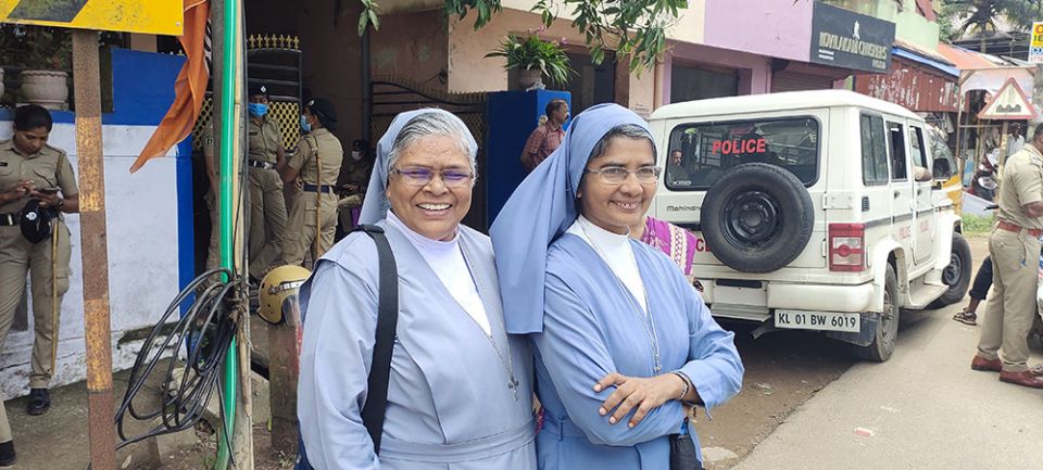 Salesian Srs. Anna Thayyil and Lissy Joseph at the protest grounds against an under-construction international airport in the southwestern Indian state of Kerala, India (GSR photo/Thomas Scaria)