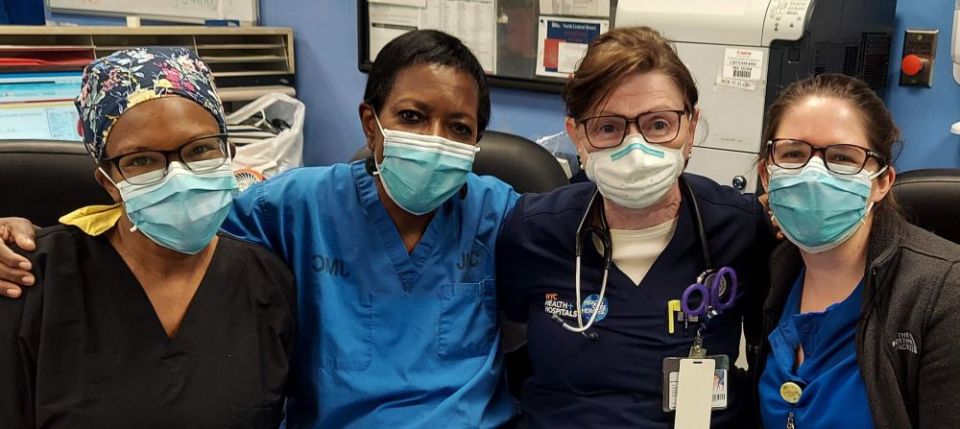 Sr. Mary Catherine Redmond, second from right, poses with colleagues. She is an emergency medicine physician assistant. PA, Kelsey Lopez, MD (Courtesy of Mary Catherine Redmond)