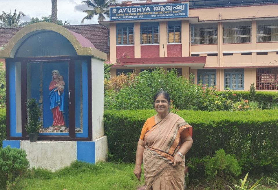 Sr. Joan Chunkapura in front of the Medical Mission Sisters' Ayushya Center for Healing and Integration, near Kottayam (Thomas Scaria)