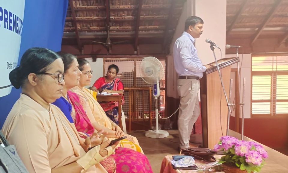 Felix D'Souza, director of the Functional Vocational Training and Research Society, addresses the opening ceremony of the pandemic-rebuilding project in Mangaluru, southern India, in March.