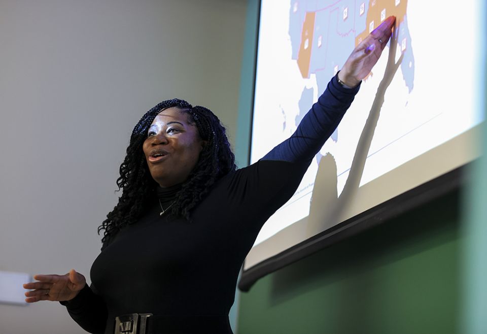 Shannen Dee Williams, associate professor of history at the University of Dayton, speaks to her students during a class April 21 in Dayton, Ohio. (AP photo/Aaron Doster) Shannen Dee Williams, associate professor of history at the University of Dayton, speaks to her students during a class April 21 in Dayton, Ohio. (AP photo/Aaron Doster)