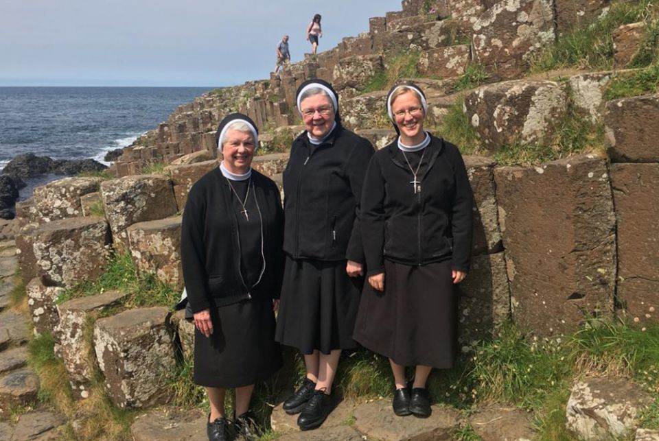 Sisters of the Apostles of the Sacred Heart of Jesus are pictured at the Giant's Causeway in Ireland. From left: Srs. Shawn Lyons, M. Clare Millea and the author, Kathryn Press (Courtesy of Kathryn Press)