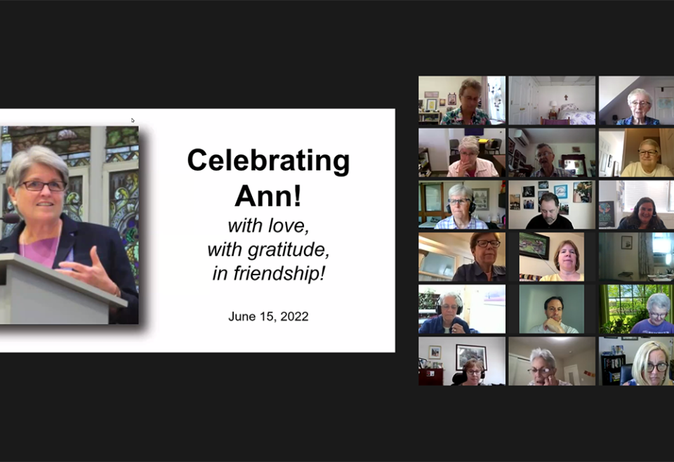 A celebration and farewell for Sr. Ann Scholz was held June 15 by the Justice, Peace and Integrity of Creation promotors of women religious congregations. (GSR Screenshot/Gail DeGeorge) A celebration and farewell for Sr. Ann Scholz was held June 15 by the Justice, Peace and Integrity of Creation promotors of women religious congregations. (GSR Screenshot/Gail DeGeorge)