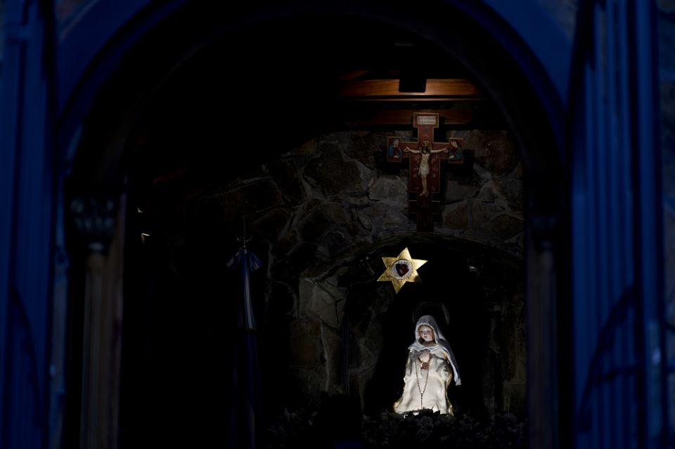 A statue of the "Virgen del Cerro," formally called La Inmaculada Madre Del Divino Corazón Eucarístico De Jesús, sits at her sanctuary May 2 in Salta, Argentina. (AP/Natacha Pisarenko)