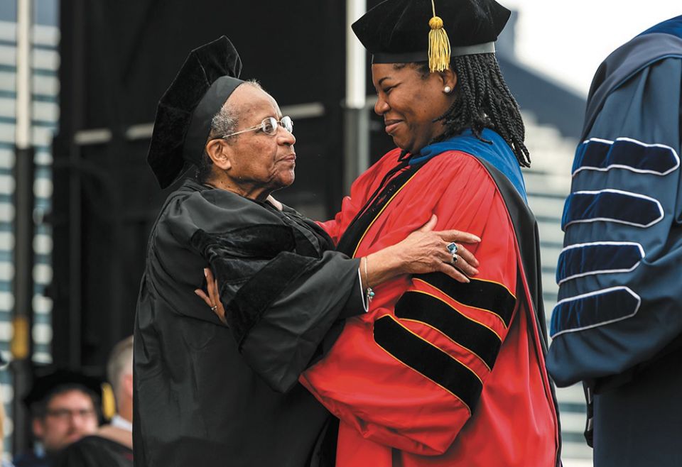 Shannen Dee Williams, right, presents Mercy Sr. Cora Marie Billings with an honorary doctorate at Villanova University's May 2019 commencement ceremony. (Courtesy of Villanova University) Shannen Dee Williams, right, presents Mercy Sr. Cora Marie Billings with an honorary doctorate at Villanova University's May 2019 commencement ceremony. (Courtesy of Villanova University)