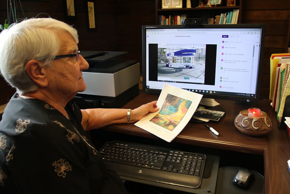 Sr. Mary Norbert Long of the Sisters of Charity of Seton Hill in Greensburg, Pennsylvania, participates remotely in the Leadership Conference of Women Religious' 2020 virtual assembly, which is featured on her computer screen. (Courtesy of LCWR)