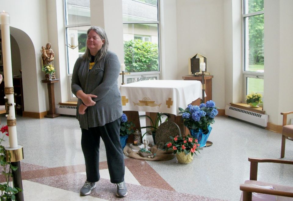 Julie McElmurry receives a blessing at the Poor Clare Monastery in Chesterfield, New Jersey, on her last day filming there in May 2019. (Courtesy of Julie McElmurry)