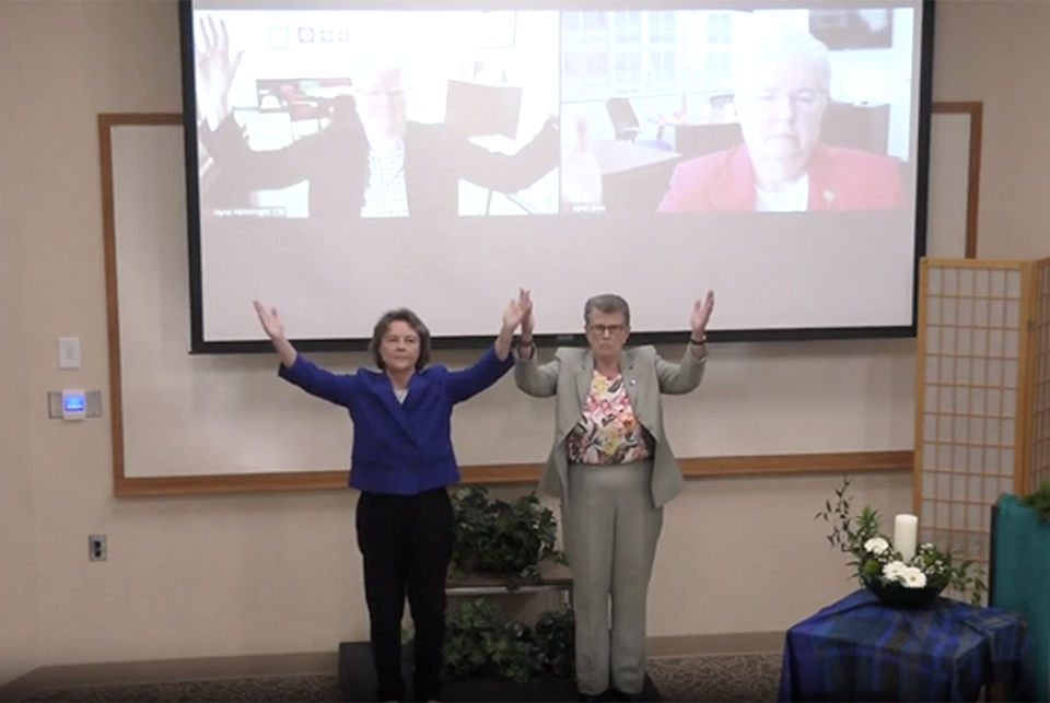 Clockwise from top left: Sr. Jayne Helmlinger; Sr. Carol Zinn; Sr. Jane Herb; and Sr. Elise García join in prayer at the end of García's presidential address Aug. 11, 2021, part of the virtual 2021 LCWR annual assembly. (GSR screenshot) Clockwise from top left: Sr. Jayne Helmlinger; Sr. Carol Zinn; Sr. Jane Herb; and Sr. Elise García join in prayer at the end of García's presidential address Aug. 11, 2021, part of the virtual 2021 LCWR annual assembly. (GSR screenshot)