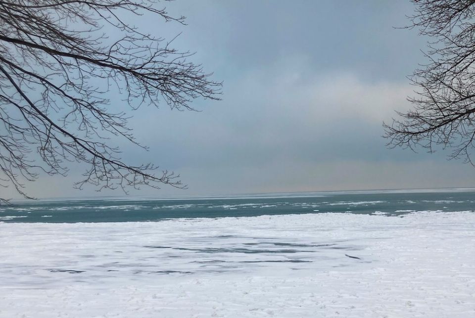 Shoreline of Lake Erie, with sky and snow and bare trees