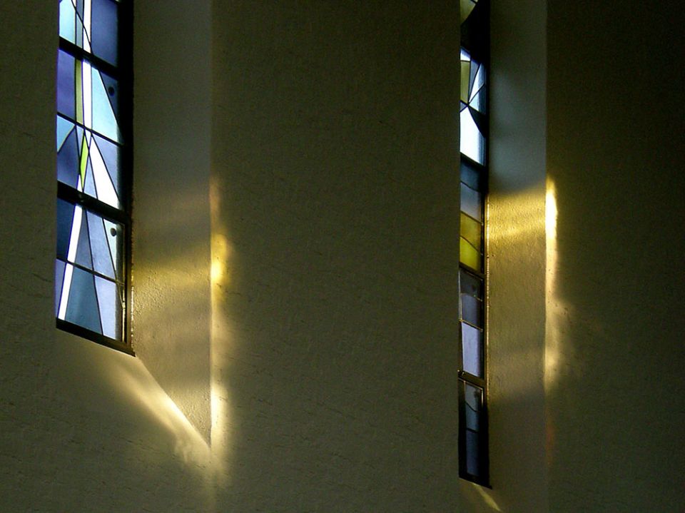 Light comes through stained glass windows at Mount St. Scholastica, a Benedictine monastery in Atchison, Kansas. (Courtesy of Mount St. Scholastica)