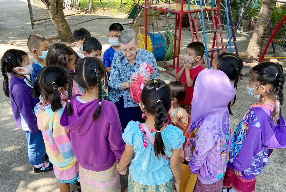 Good Shepherd Sr. Louise Horgan with children at the Fatima Self Help Centre in Bangkok, Thailand (Provided photo) Good Shepherd Sr. Louise Horgan with children at the Fatima Self Help Centre in Bangkok, Thailand (Provided photo)
