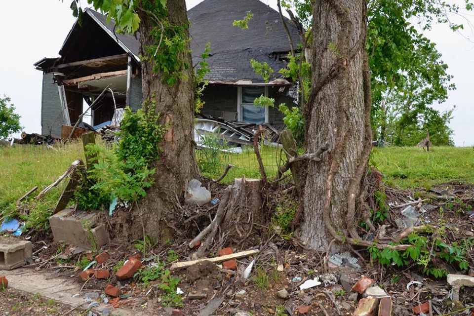 A home damaged by a Dec. 10 tornado awaits demolition May 23 in Mayfield, Kentucky. (GSR photo/Dan Stockman)