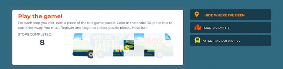 View of Network's virtual Nuns on the Bus tour, showing how participants can choose their own stops and fill in the picture of the bus. (Courtesy of Network)