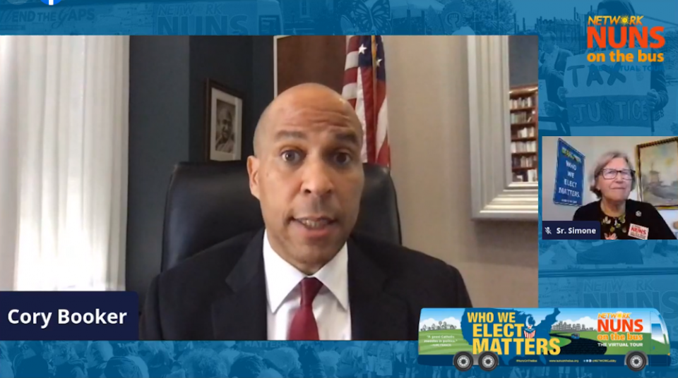Sen. Cory Booker, a Democrat from New Jersey, addresses the virtual 2020 Nuns on the Bus kickoff Sept. 23. At right is Social Service Sr. Simone Campbell, executive director of Network, which organizes Nuns on the Bus. (Network screenshot) Sen. Cory Booker, a Democrat from New Jersey, addresses the virtual 2020 Nuns on the Bus kickoff Sept. 23. At right is Social Service Sr. Simone Campbell, executive director of Network, which organizes Nuns on the Bus. (Network screenshot)