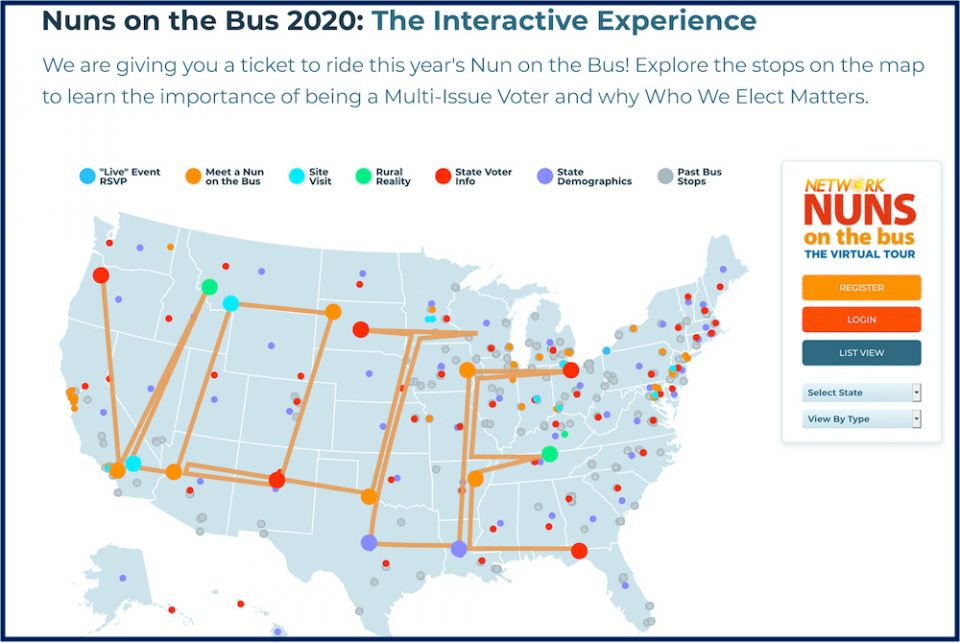 Detail of Network website graphic, showing this year's virtual Nuns on the Bus tour. Participants will be able to choose their own stops as they build a route across the country. (Courtesy of Network)