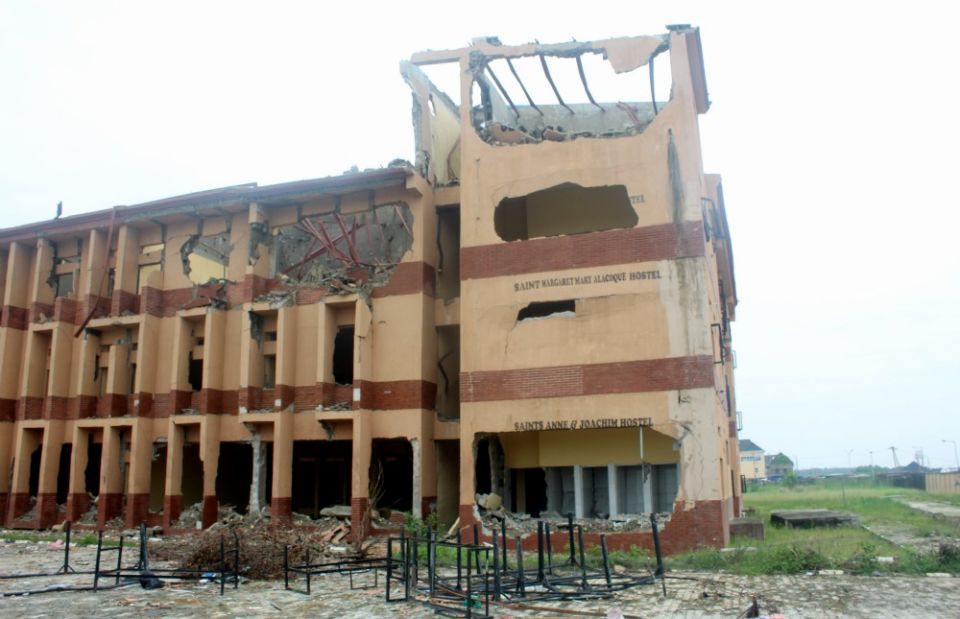 The classroom building of the Bethlehem Girls College was gutted after an explosion at a gas processing plant and ensuing fire killed at least 17 people and destroyed about 50 buildings and homes in a suburb of Lagos, Nigeria’s commercial capital.