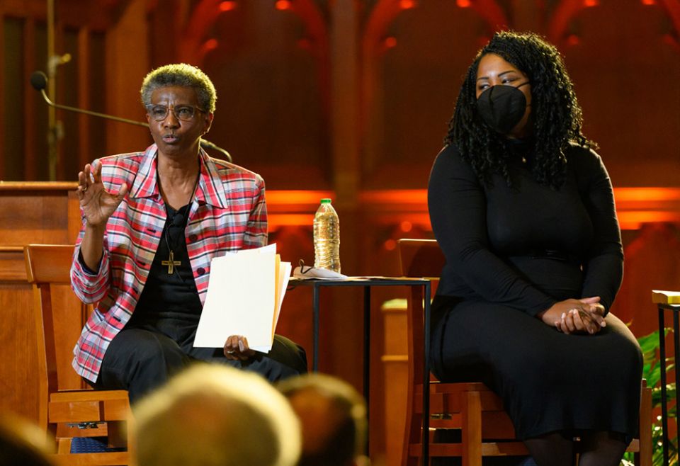 Sr. Patricia Chappell, left, of the Sisters of Notre Dame de Namur and history professor Shannen Dee Williams, author of a book on Black sisters, participate in discussion May 3 at Georgetown University. (Courtesy of Georgetown University/Rafael Suanes)