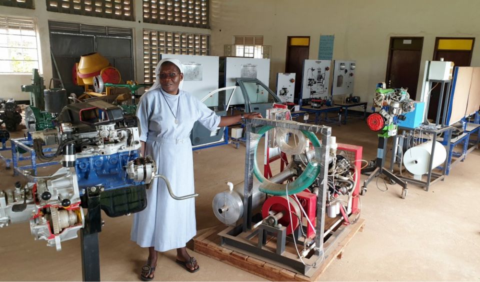 Sr. Rose Nelima displays some of the equipment in the technical wing at Mbale School for the Deaf in Uganda. (Gerald Matembu)