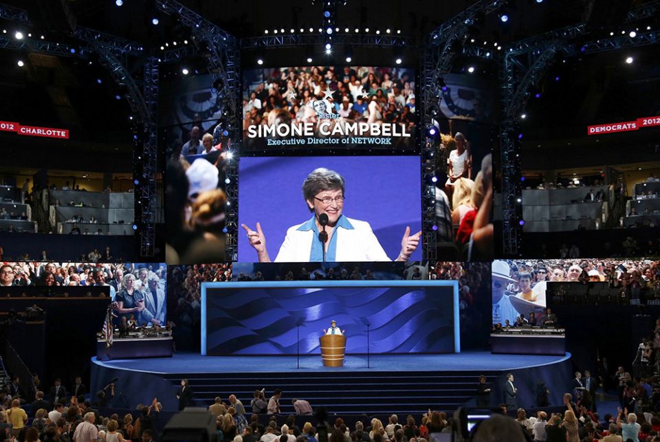 Social Service Sr. Simone Campbell, executive director of Network, addresses the second session of the Democratic National Convention on Sept. 5, 2012, in Charlotte, North Carolina. (CNS/Reuters/Jason Reed)