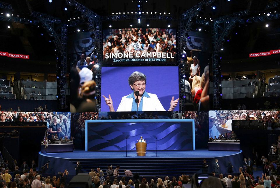 Social Service Sr. Simone Campbell, executive director of Network, addresses the second session of the Democratic National Convention on Sept. 5, 2012, in Charlotte, North Carolina. (CNS/Reuters/Jason Reed) Social Service Sr. Simone Campbell, executive director of Network, addresses the second session of the Democratic National Convention on Sept. 5, 2012, in Charlotte, North Carolina. (CNS/Reuters/Jason Reed)