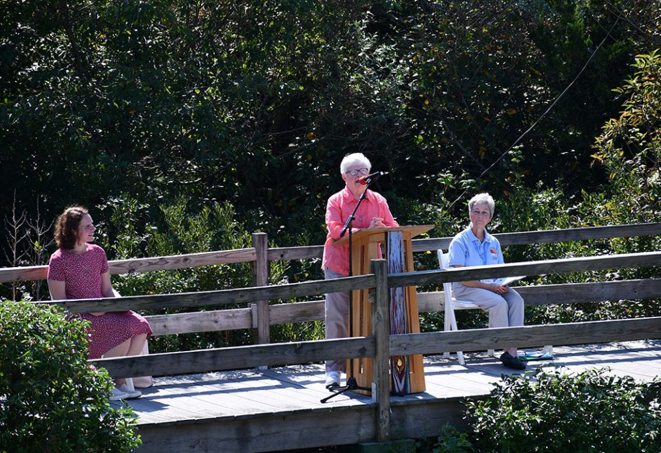 Sr. Anna Louise Schuck of the Sisters of St. Joseph of Chestnut Hill, Philadelphia, speaks during the closing ritual of a September 2021 retreat at the congregation's St. Mary by-the-Sea Retreat House in Cape May Point, New Jersey. (Courtesy photo) Sr. Anna Louise Schuck of the Sisters of St. Joseph of Chestnut Hill, Philadelphia, speaks during the closing ritual of a September 2021 retreat at the congregation's St. Mary by-the-Sea Retreat House in Cape May Point, New Jersey. (Courtesy photo)