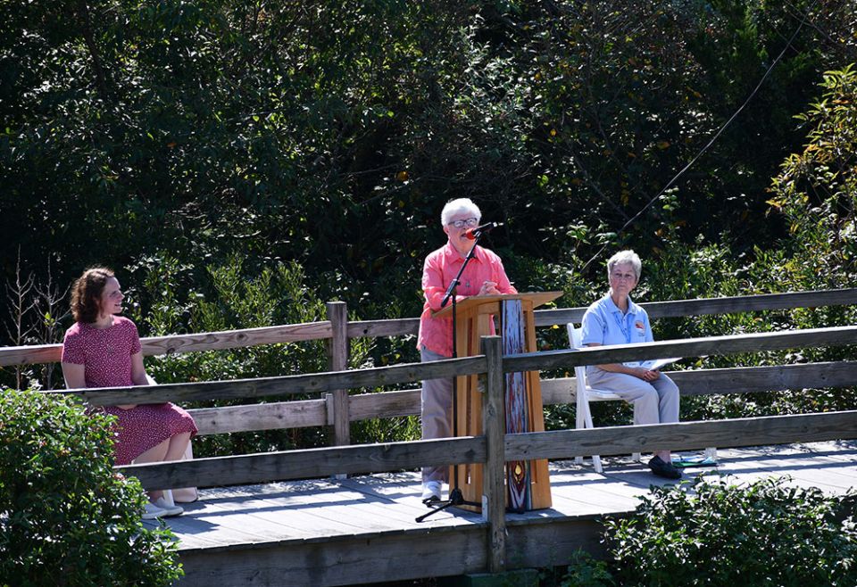 Sr. Anna Louise Schuck of the Sisters of St. Joseph of Chestnut Hill, Philadelphia, speaks during the closing ritual of a September 2021 retreat at the congregation's St. Mary by-the-Sea Retreat House in Cape May Point, New Jersey. (Courtesy photo)