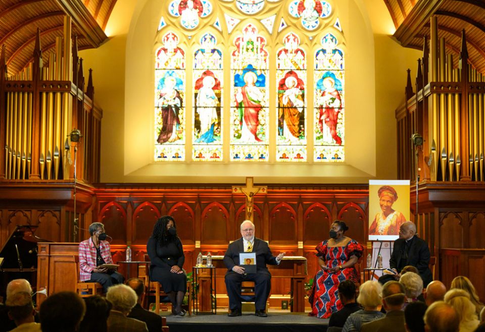 From left: Sr. Patricia Chappell; history professor Shannen Dee Williams; moderator John Carr; Ogechi Akalegbere; and Cardinal Wilton Gregory of Washington, participate in a panel May 3 at Georgetown University on Sr. Thea Bowman. (Georgetown University) From left: Sr. Patricia Chappell; history professor Shannen Dee Williams; moderator John Carr; Ogechi Akalegbere; and Cardinal Wilton Gregory of Washington, participate in a panel May 3 at Georgetown University on Sr. Thea Bowman. (Georgetown University)