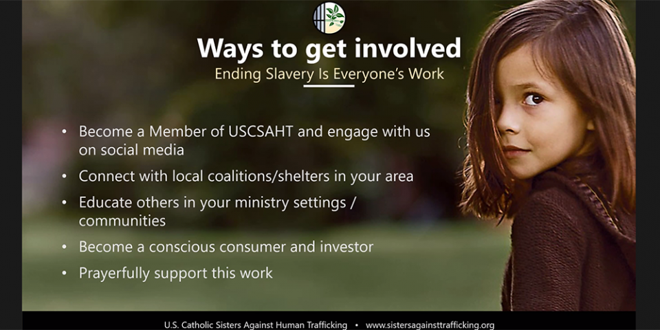 Jennifer Reyes Lay, executive director of the U.S. Catholic Sisters Against Human Trafficking, told website participants how they can help in the fight against human trafficking. (GSR screenshot)
