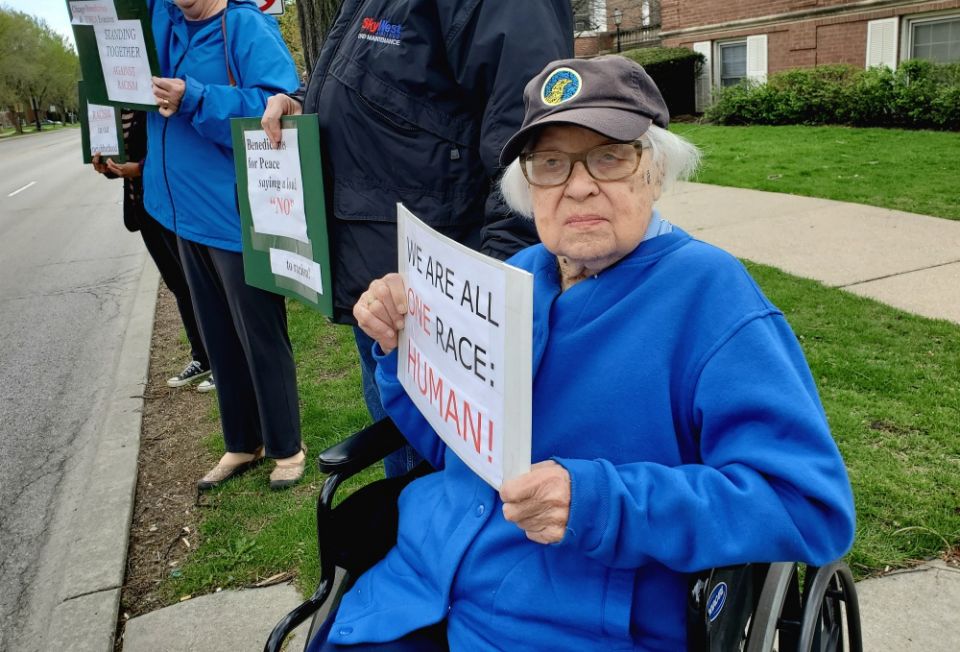 Chicago Benedictine Sr. Vivian Ivantic protests racism and police brutality at an April 2019 Stand Against Racism event in Evanston, Illinois. (Courtesy of the Benedictine Sisters of Chicago) Chicago Benedictine Sr. Vivian Ivantic protests racism and police brutality at an April 2019 Stand Against Racism event in Evanston, Illinois. (Courtesy of the Benedictine Sisters of Chicago)