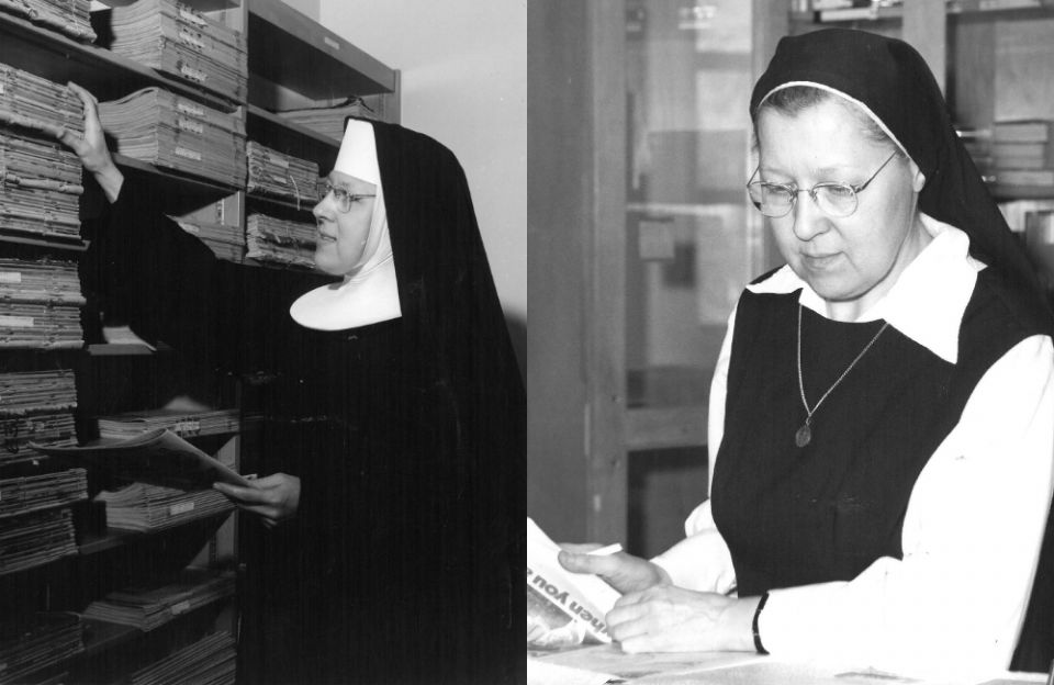 Chicago Benedictine Sr. Vivian Ivantic works as a librarian in undated photos. (Courtesy of the Benedictine Sisters of Chicago)