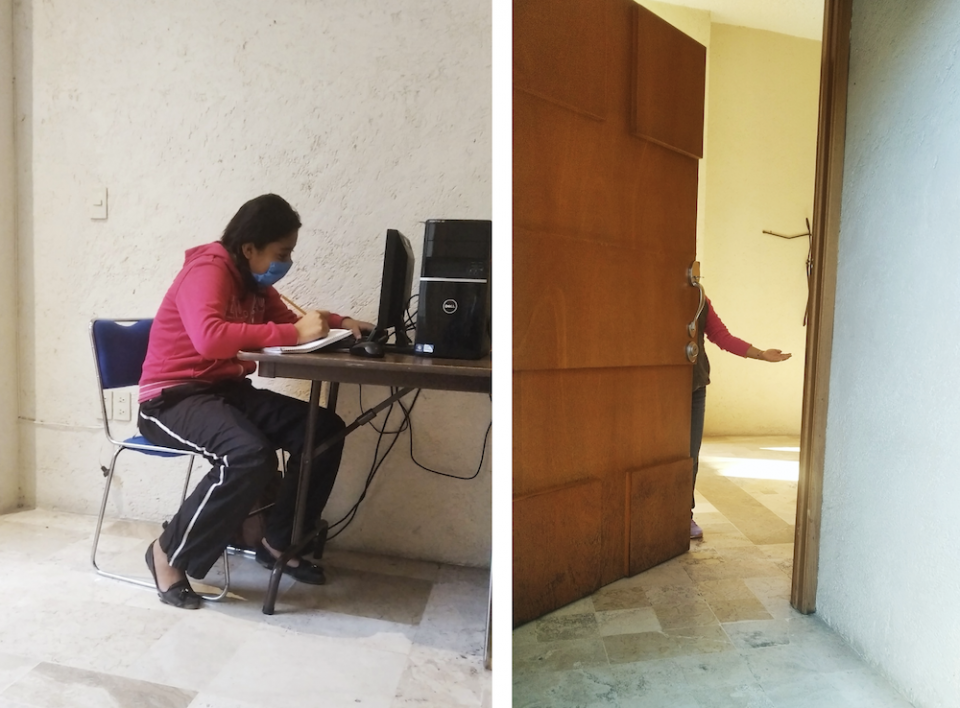 Ericka works in her online classes on the first floor of our house, following the necessary hygiene protocols. And the door of the Verbum Dei missionary house is open. (Blanca Alicia Sanchez)