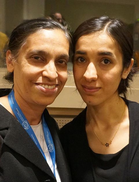 Medical Mission Sr. Celine Paramundayil, left, with Nadia Murad at the United Nations (Guru Dileepji)
