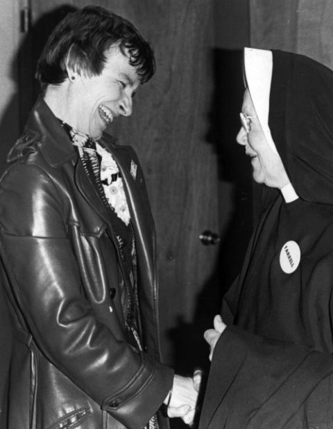 Sr. Carolyn Farrell, left, greets a supporter on election night in November 1977, when Farrell was elected to the City Council of Dubuque, Iowa. (Courtesy of the Sisters of Charity of the Blessed Virgin Mary) Sr. Carolyn Farrell, left, greets a supporter on election night in November 1977, when Farrell was elected to the City Council of Dubuque, Iowa. (Courtesy of the Sisters of Charity of the Blessed Virgin Mary)