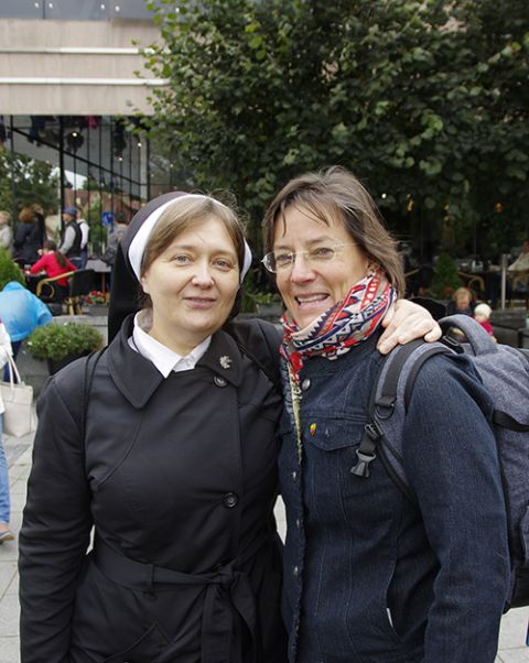 Sr. Edita Sicaite of the Sisters of St. Casimir of Lithuania, left, and Daina Cyvas, communications coordinator for the Sisters of St. Casimir of Chicago, met in Vilnius, Lithuania, on Sept. 22, 2018, during Pope Francis' visit to Lithuania.