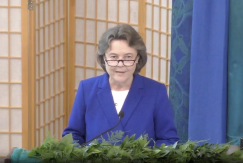 LCWR 2021 Elise Garcia speaks Sr. Elise García, an Adrian Dominican and president of the Leadership Conference of Women Religious, gives the presidential address Aug. 11, during the group's annual assembly. (GSR screenshot)