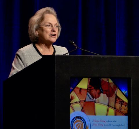 Mercy Sr. Sharon Euart, executive director of the Resource Center for Religious Institutes, addresses the group's annual conference in October 2019 in Dallas, Texas. (GSR file photo) Mercy Sr. Sharon Euart, executive director of the Resource Center for Religious Institutes, addresses the group's annual conference in October 2019 in Dallas, Texas. (GSR file photo)