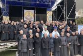 Sisters of the Order of St. Basil the Great gather in October 2021 in Yavoriv, Ukraine, to celebrate the 400th anniversary of the founding of Holy Trinity Province in Lviv. (Courtesy of the Sisters of the Order of St. Basil the Great)