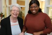 Mercy Sr. Helena O'Donoghue, left, with Rutendo, a client of Mercy Law Resource Centre in Dublin. The center, set up by the Sisters of Mercy, provides free legal advice and representation to people experiencing homelessness. (MLRC/David Speirs)