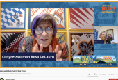 U.S. Rep. Rosa DeLauro, a Democrat from Connecticut, speaks at the Oct. 23 closing rally for the 2020 Nuns on the Bus virtual tour, which ran from Sept. 23 to Oct. 23. At right is Social Service Sr. Simone Campbell, executive director of Network, the Cath